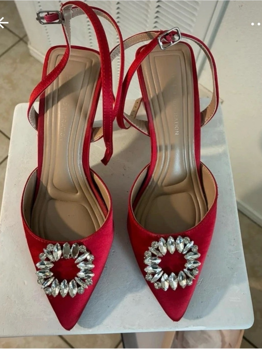 BCBGeneration Red Pointed-Toe Crystal-Embellished Ankle-Strap Heels
